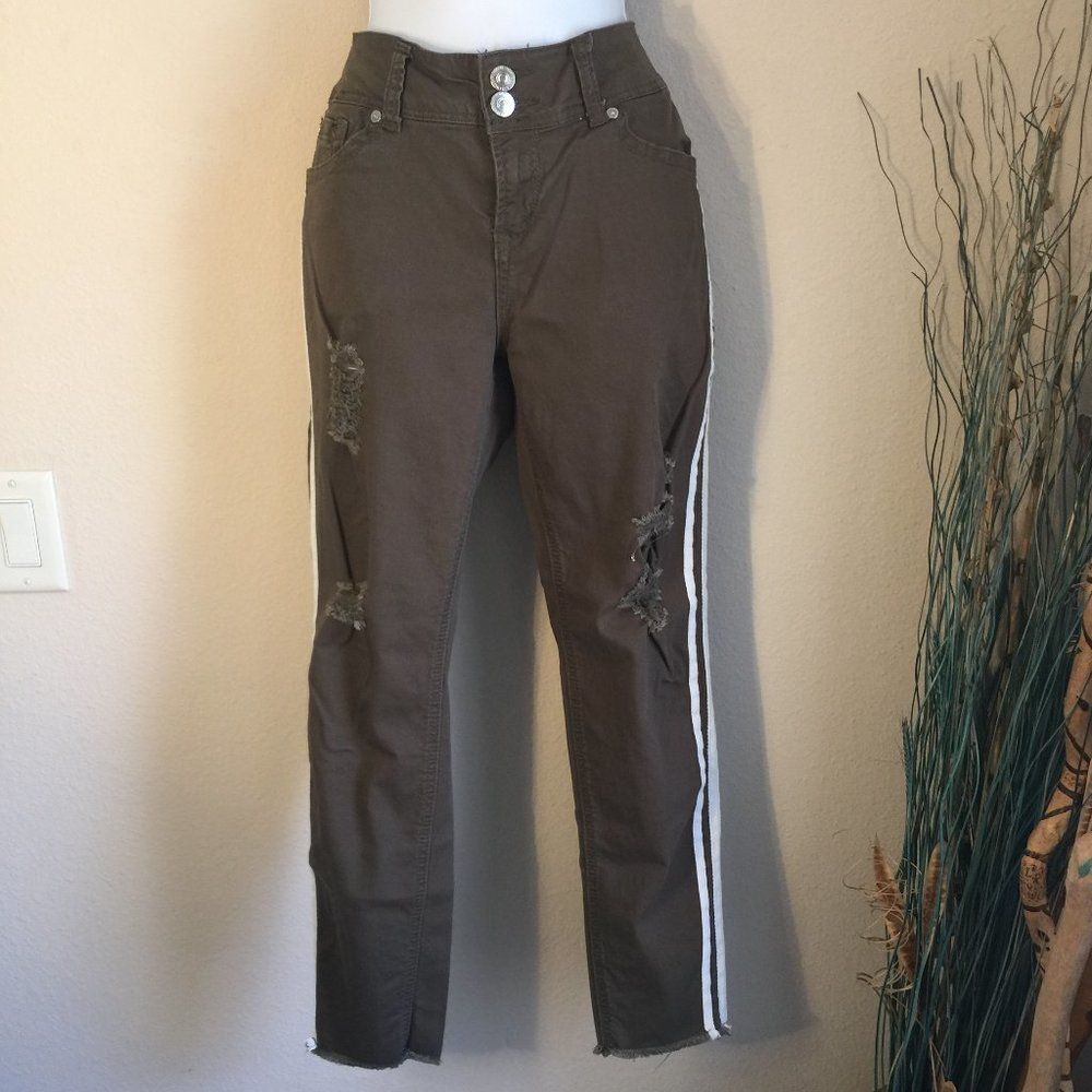 Wallflower Olive Green Skinny Jeans 13 Distressed Side Stripe Raw Hem